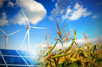 Wind turbines, solar panels, and biomass crops for renewable energy